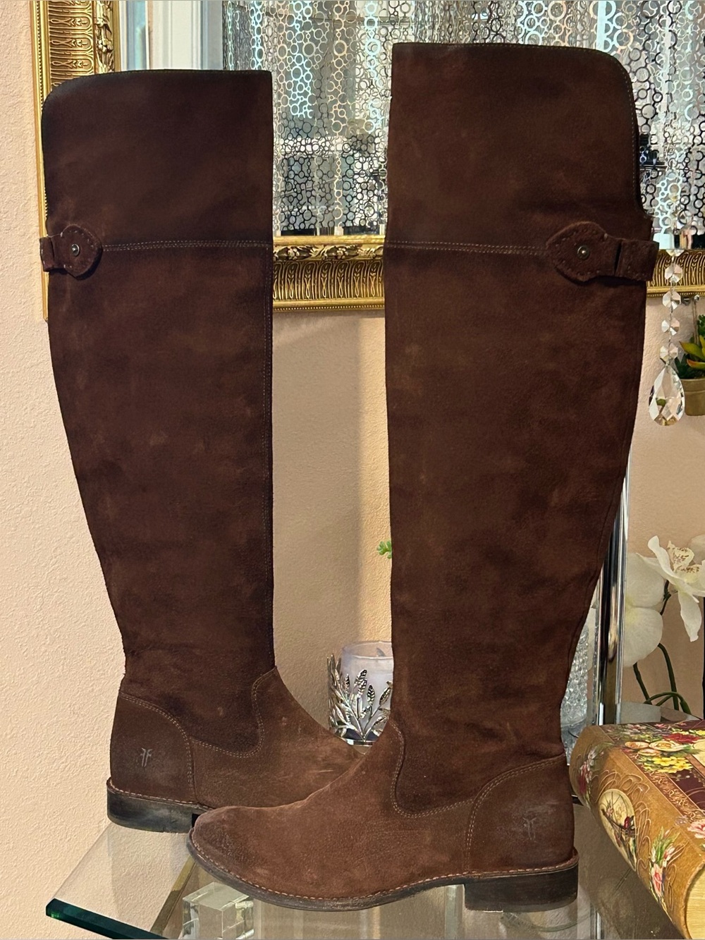 Rare Frye Distressed Brown Suede Leather Over-the-Knee Riding Moto Boots Size 8